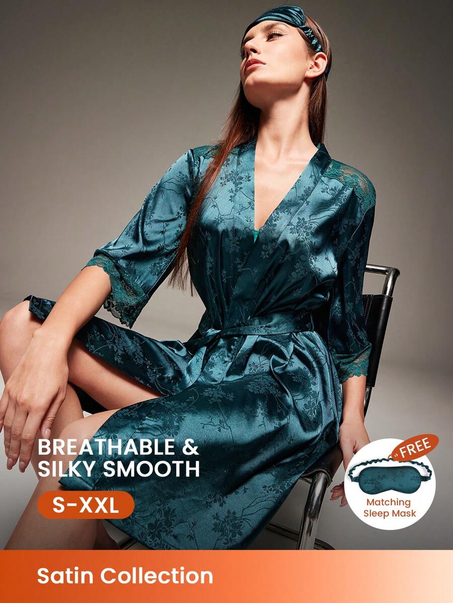 LUVLETTE Grön Silkeslen Satin Retro Elegant Lyxig Blommönster Spetskant Knytband Fram Loungewear Morgonrock Nattklänning Dam Morgonrock & Pyjamasdressing