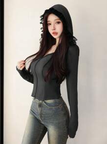 Mulvari 女士长袖拉链连帽拼接蕾丝修身上衣 - 灰色 - 查看 5