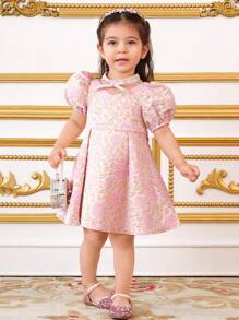 SHEIN 女婴甜美花卉提花和网眼拼接连衣裙，背面有大蝴蝶结，优雅简约的设计，粉色 - 粉色 - 查看 4