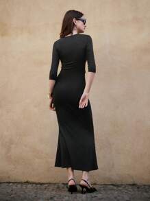 Maija Spring And Summer New Style Black Knitted V-Neck Lace-Up Sexy Women's Long Dress, Urban, Modern And Elegant, Daily Casual Commuting, Suitable For Going Out For Vacation, Party, Wedding And Date Wear