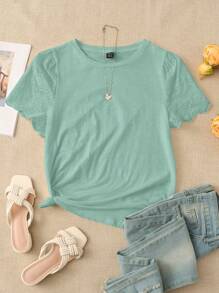EMERY ROSE Solid Eyelet Embroidery Scallop Trim Tee - Mint Green - View 4