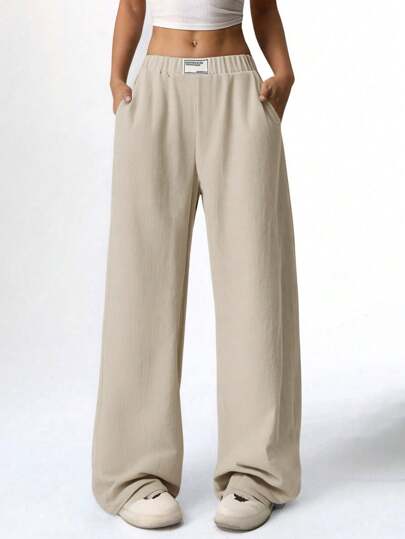 SHEIN Explorewe Tween Girl Minimalist Loose Drape Wide-Leg Pants With Jacquard Logo Trim