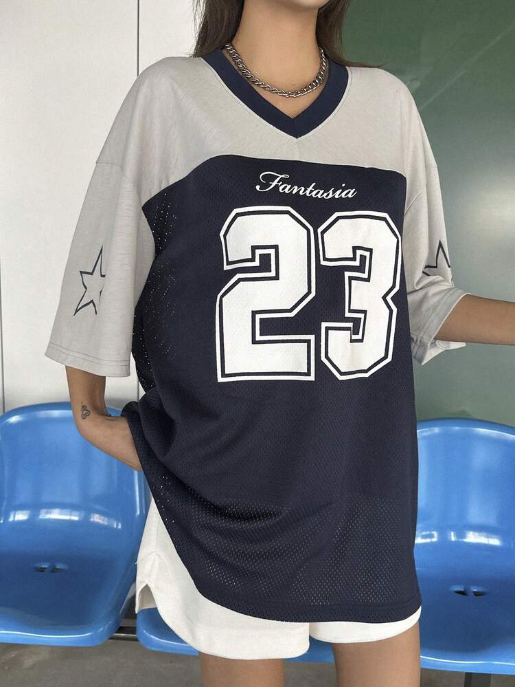 Streetwear Style Loose V-Neck Short Sleeve T-Shirt With Contrast Color Splicing For Women Oversized T-Shirt,Graphic Tees Preppy Tops