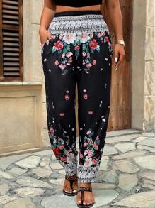 Breezaya 大码女式夏季度假彩色花卉印花宽松抽绳腰部慢跑裤，带侧袋