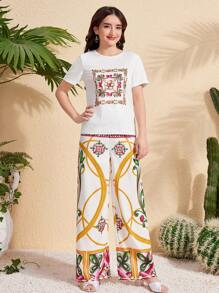 2pcs/Set Teen Girls Casual White Short Sleeve T-Shirt With Gold Retro Print + Loose Comfy Wide Leg Pants Suit - Multicolor - View 5