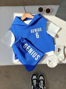 SHEIN Ensemble de 3 pièces pour bébés garçons/filles: Top à capuche tricoté à motif souriant, Top pull à manches courtes col rond tricoté, et short à taille élastiquée