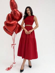 SHEIN Privé 节日新款浪漫优雅情人节简约百搭红色针织无袖上衣和高腰荷叶边下摆短裙套装，情人节现代时尚复古别致装 - 紅色 - 查看 3