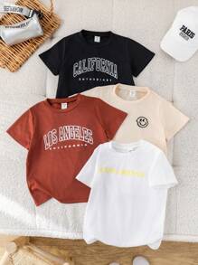 Compra 2 y llévate 1 gratis. Paquete de 3 camisetas de niño casual y deportivo con estampado de texto, un conjunto eficiente de gran valor adecuado para niños para volver al colegio, fiestas, eventos, diario, escuela y viajes en primavera y verano