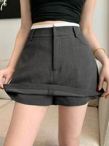 DAZY 女士撞色腰带直筒紧身迷你裙 - 灰色 - 查看 1