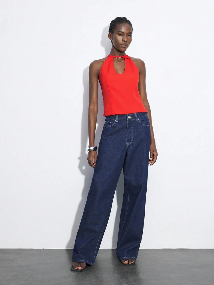 SHEIN Maija Women's Red Cutout Adjustable Neck Design Versatile Summer Stylish Fashion Sense Soft Comfortable Slim Fitted Sleeveless Halter Top With U-Shaped Neckline And Waist Gathering Old Money Concert Women Wedding Guest Women Modest