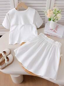 青少年女孩甜美休闲海军蓝领短袖刺绣蝴蝶结短款上衣和松紧腰短裙套装，夏季