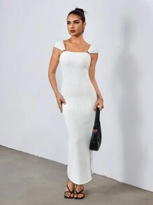 Chiquease Metal Buckle Accent Textured Split Hem Dress - White - View 1