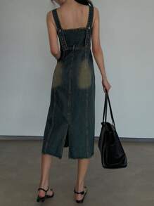DAZY 女士流苏边牛仔背带连衣裙吊带长裙 - 深色水洗藍 - 查看 5