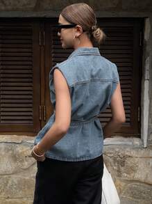 Livesso 女式无袖牛仔夹克，配腰带，腰部收紧 - 中等水洗藍 - 查看 6