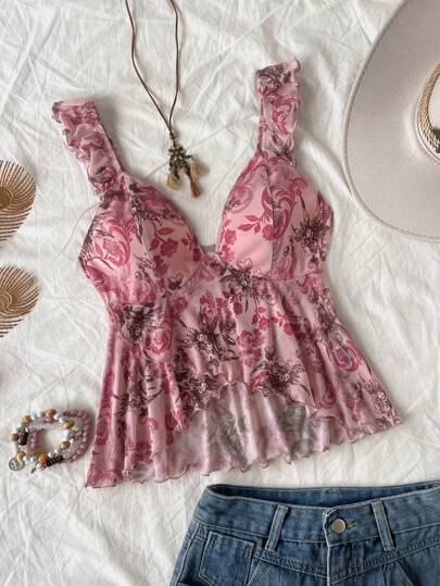 Soleia Top ajustado de punto y malla con estampado paisley vintage, escote en V y mangas cortas, bajo asimétrico, adecuado para citas, té de la tarde, festivales de música, retiros occidentales, atuendo de verano