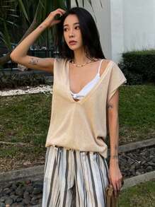 DAZY Solid Color Loose Sleeveless Deep V Neck Casual Summer Knit Tank Top For Women - Apricot - View 3