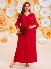 SHEIN Clasi 2pcs Plus Size Valentine's Day Romantic Elegant Solid Color Floral 3D Decor Ruffle Sleeve Slit Maxi Shirt & Pants Set - Red - View 6
