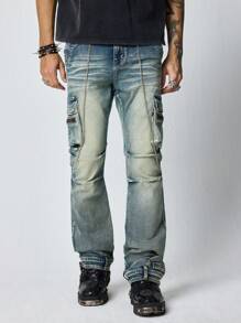 ROMWE MEN Street Life Men's Cargo Casual Front Button Pocket Layered Straight Jeans, Street Style - Medium Wash - View 6