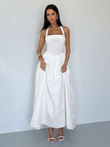 Aloruh Women's Sexy And Elegant French Solid Square Neck Halter Backless Fit And Flare White Maxi Dress Women Summer Dresses For Women Women White Dress White Dresses For Women Beach Outfits For Woman