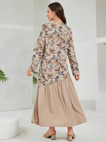 Lacomfia Women Contrast Panel Round Neck Loose Woven Printed Long Sleeve Dress - Multicolor - View 2