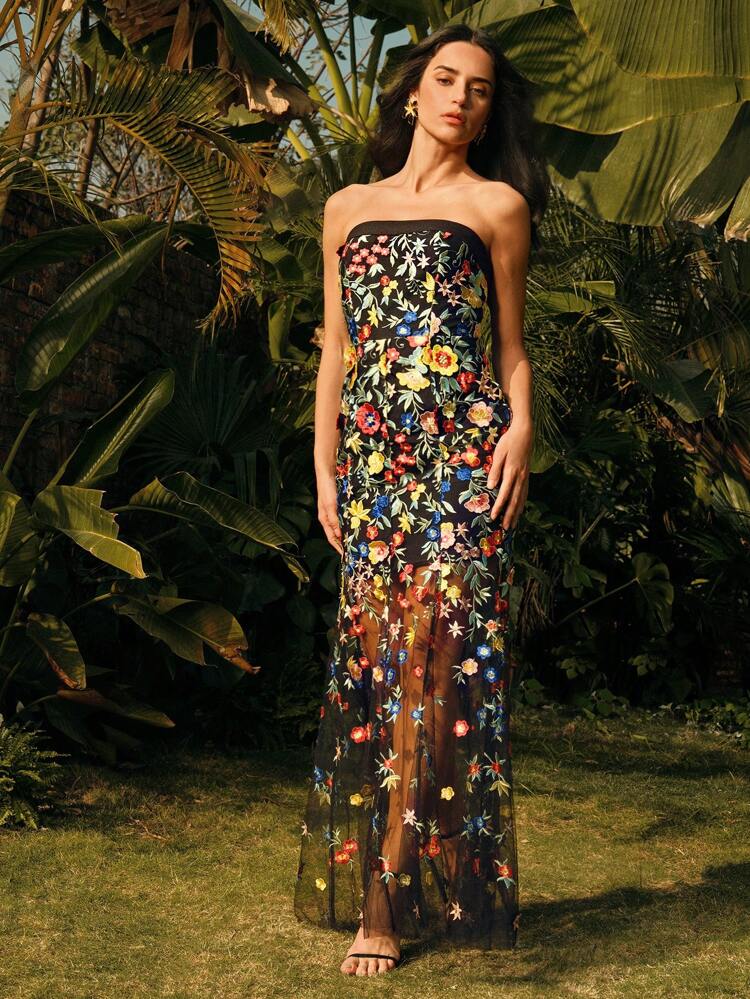 Vestido Corpete Embutido Bordado Floral Patchwork, Conjuntos Sexy de Primavera/Verão para Mulheres