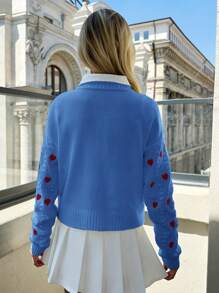 EURMUSE Women Heart Embroidery Textured Knit Round Neck Sweater - Blue - View 3
