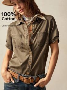 Bohemela 女士休闲纯色梭织宽松短袖衬衫西部风女装节日嬉皮女牛仔 - 灰色 - 查看 2