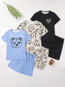 Set da 3 pezzi di maglietta a maniche corte e pantaloncini con motivo di orsetti cartoni animati, comodi, adatti per bambini più grandi