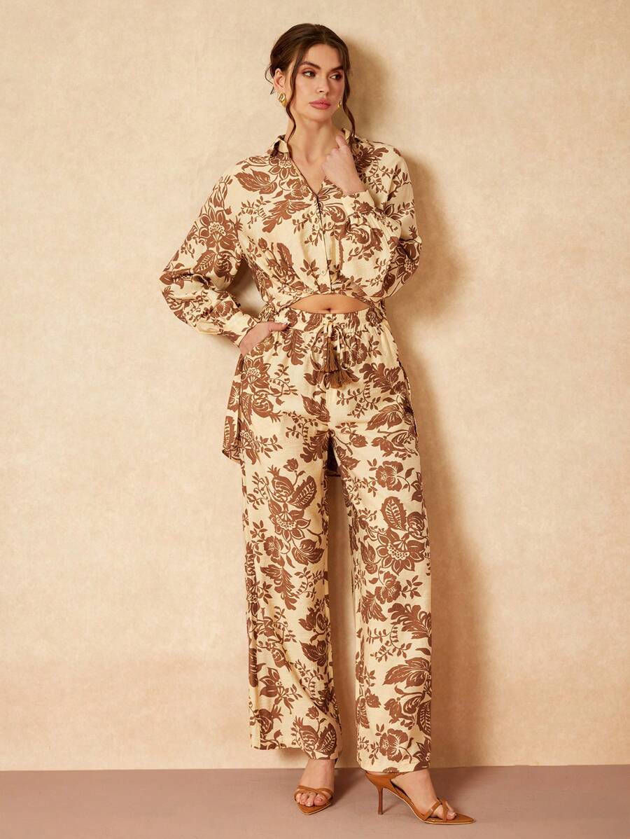 Christian Allana 设计师波西米亚风波西米亚风米色轮廓花卉印花松紧腰阔腿休闲裤，节日 - 彩色 - 查看 1