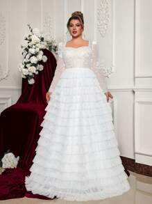 Glamrae 大码优雅白色对比心形领长袖透明刺绣拼布薄纱 A 字型婚纱 - 白色 - 查看 1