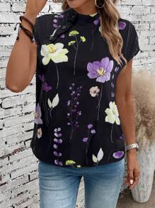 EMERY ROSE Vacation Casual Floral Print Stand Collar Shirt - Black - View 5