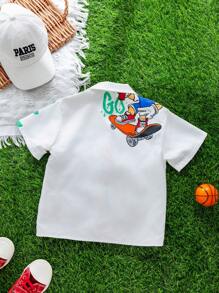 SHEIN Leap Crew 1 件年轻男孩休闲校园风格舒适时尚百搭柔软酷炫街头风格涂鸦鲜艳彩色兔子印花短袖衬衫，适合春夏季、日常、运动、郊游、学校、派对、度假、拍照