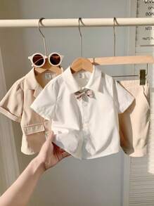 SHEIN Leap Crew 3pcs Baby Boy Outfit Set: Decorated Bowtie Collar Shirt, Elastic Waist Shorts And Notched Collar Short Sleeve Blazer - Apricot - View 3