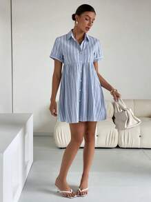 Siren Gaze 女士前扣短袖条纹休闲短裙 - 藍白色 - 查看 5