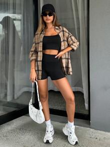 SHEIN Essnce 女士休闲轻便运动夏季套装，性感时尚户外骑行网球旅行上衣+紧身短裤+格子衬衫三件套 - 彩色 - 查看 4