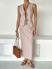 SHEIN Essnce 波西米亚风假日杏色蝴蝶结背心和修身开衩长裙两件套女式纯色前系带无袖上衣和迷你裙套装，极简主义风格