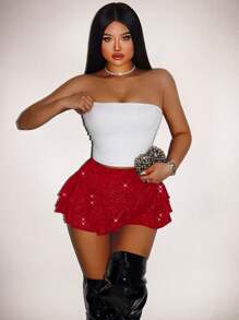 Zolique 女士亮片印花荷叶边下摆宽松时尚裤裙新年性感俱乐部节日派对服装女装 - 酒紅色 - 查看 5