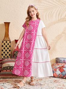 SHEIN Tween Girl Oversized Casual Pattern Color Block Layered Round Neck Dress - Green - View 6