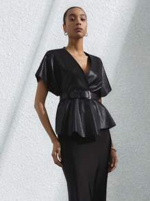 SHEIN Privé Camisa holgada de mujer con mangas con volantes, cintura ceñida y textura de tela de jacquard, con diseño elegante y vintage - Negro - Ver 1