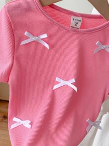 SHEIN LMoss Kids 2 件套年轻女孩纯色圆领修身休闲 T 恤