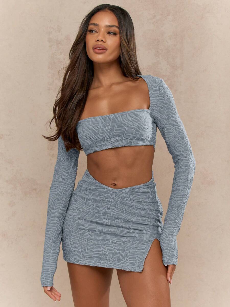 MISSGUIDED Textured Stretchy Cut Out Long Sleeve Mini Party Dress With High Square Neckline And Ruched Details Perfect For Club Night Date Night