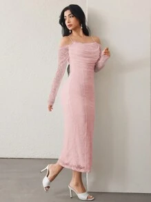 Modelyn Đầm dự tiệc sang trọng cổ xếp ly ren tay dài cho nữ - Hồng - Xem 4