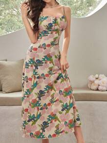 Modelyn Set de 2 piezas: Top de manga larga con volantes de unicolor y vestido de tirantes con estampado floral para mujeres