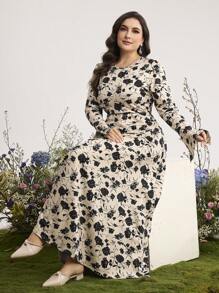 Graceveil 大码女式圆领长袖花卉印花休闲连衣裙 - 彩色 - 查看 2