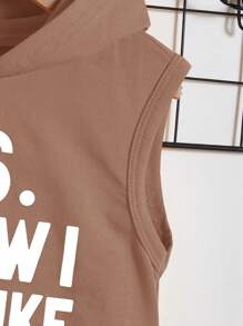 SHEIN Leap Crew Baby Boy/Girl Khaki Casual Versatile Letter Graphic Sleeveless Hoodie & Shorts Set, Comfortable Summer Outfit - Multicolor - View 3