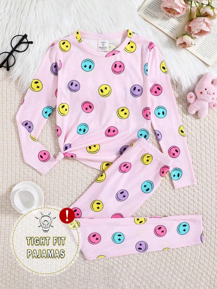 SHEIN Leap Crew 2pcs Tween Girls Smiling Face Pattern Crew Neck Raglan Long Sleeve Top And Pants Cute Casual Pajama Set - Pink - View 1