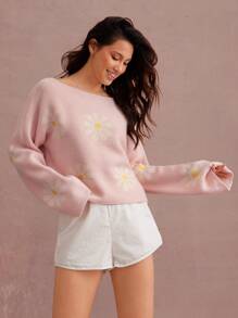 WESTFADE 雏菊花提花船领长袖针织毛衣 女士西式服装 - 彩色 - 查看 3