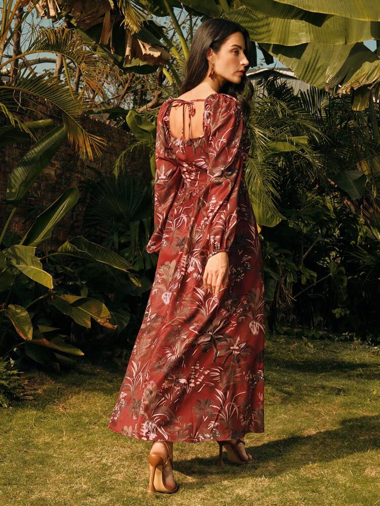 Ladies Woven Brick Red Joker Floral Elegant Long Dress Spring/Summer, Vacation