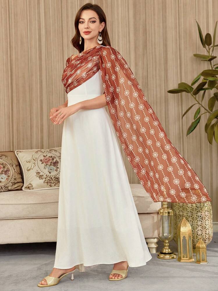 Modelyn Women Asymmetrical Collar Retro Print High-Low Hem Elegant A-Line Dress - White - View 3