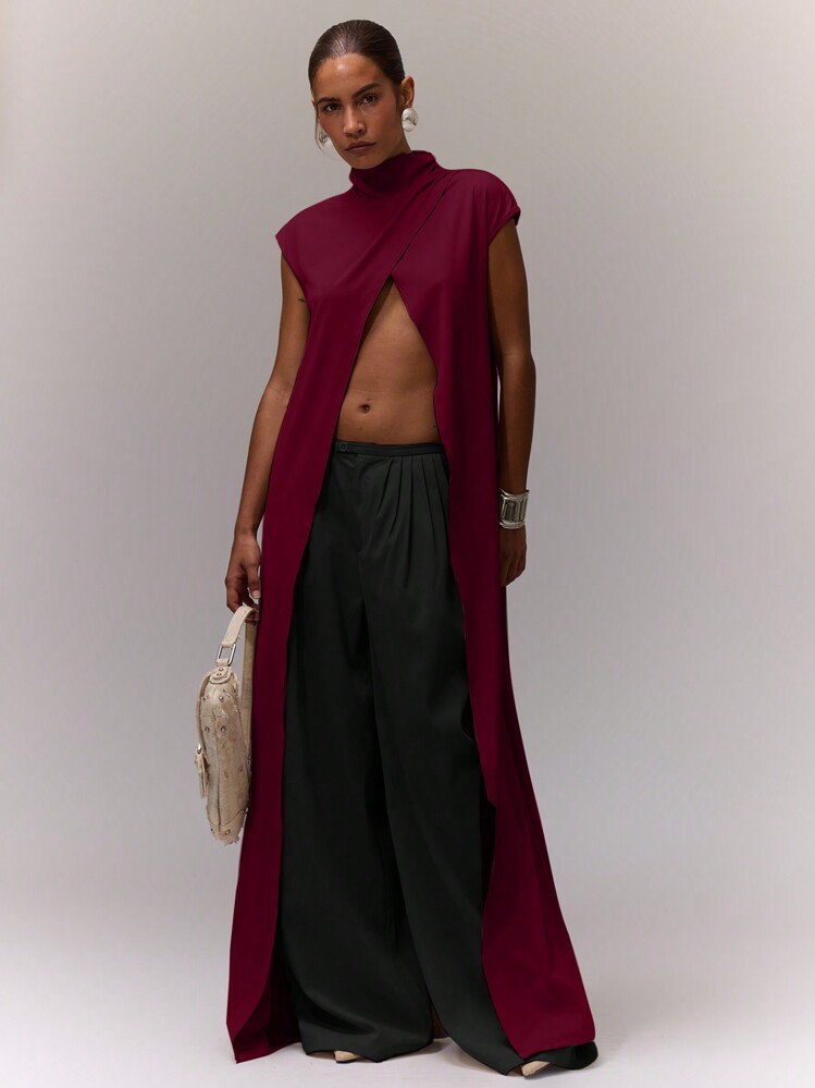 MUSERA High Neck Longline Split Front Top Vacation Fall Autum  Spring Summer Holiday - Burgundy - View 1